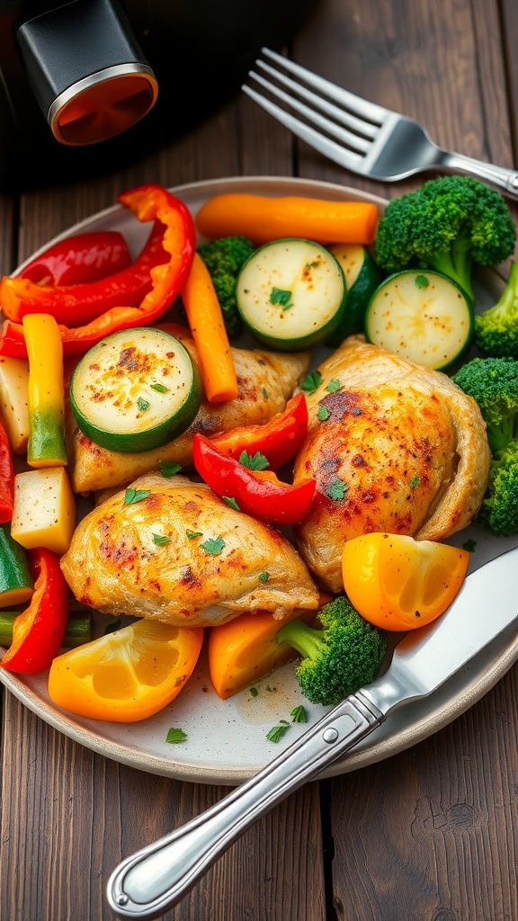 Easy Air Fryer Chicken and Vegetables Dinner Air fryer chicken and mixed vegetables on a plate, garnished with herbs.